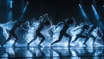 A group of dancers are dancing on a stage. They are all wearing blue and white costumes and are covered in water. The stage is lit up with bright lights.