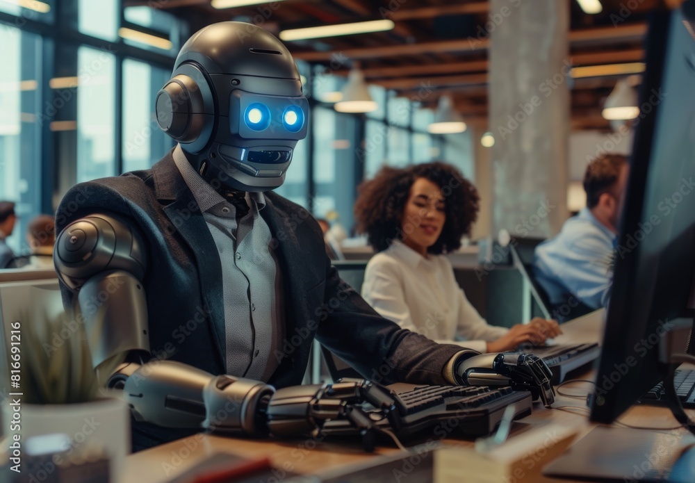 Poster a robot in suit is sitting at a desk and typing on a keyboard. a woman is sitting behind him. concep