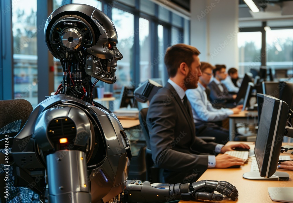 Poster a robot is sitting at a desk with a man in a suit. the robot is wearing a black suit and has a serio