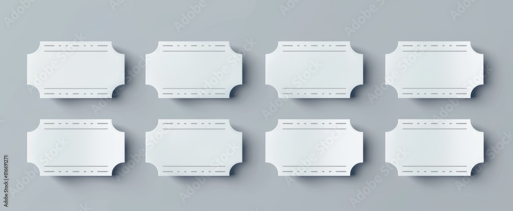 Poster a set of eight white tickets with a grey background. the tickets are all the same size and shape. mo