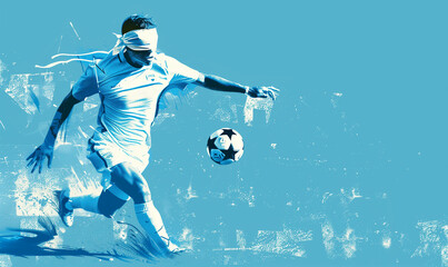soccer player kicking ball. goalball, blind football player runs after the ball, blue and white colors, minimalism, illustration with copy space