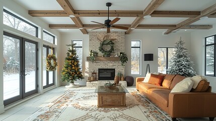 Energy conservation, A person setting a ceiling fan to rotate clockwise for winter heating efficiency. Illustration image, Minimal Style, Clean and Clear Color,