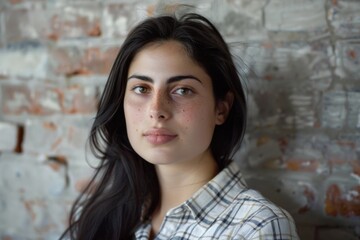 A woman with long black hair standing in front of a brick wall. Suitable for various concepts and designs
