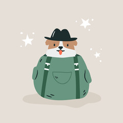 Vector illustration of a dog sitting in a backpack. Vacation, journey vibe