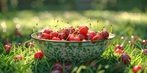 Fresh red cherries in a bowl on blur background