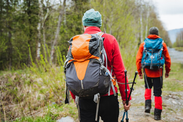 Two hikers with backpacks and poles trekking through forest path