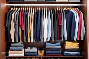 a well-organized closet with neatly folded sweaters and hanging clothes on wooden hangers, ai, generative, 생성형