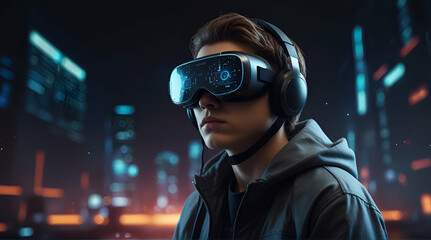 Young man wearing virtual reality headset over glowing lights background,Generative.Ai
