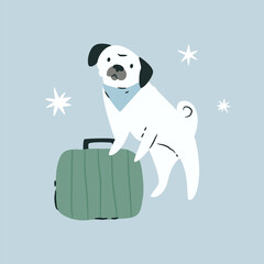 Vector illustration of a dog with suitcase, handbag. Vacation, journey vibe