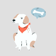 Vector illustration of a funny dog in a neckpiece dreaming about bone