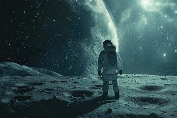 Obraz premium A photo of a lone astronaut standing on the surface of a moon, gazing at a galaxy rising over the horizon