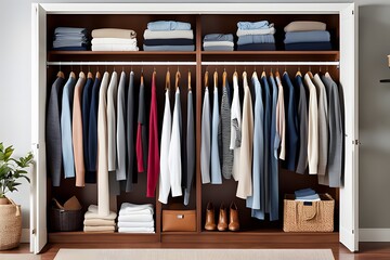 a well-organized closet with neatly folded sweaters and hanging clothes on wooden hangers, ai, generative, 생성형