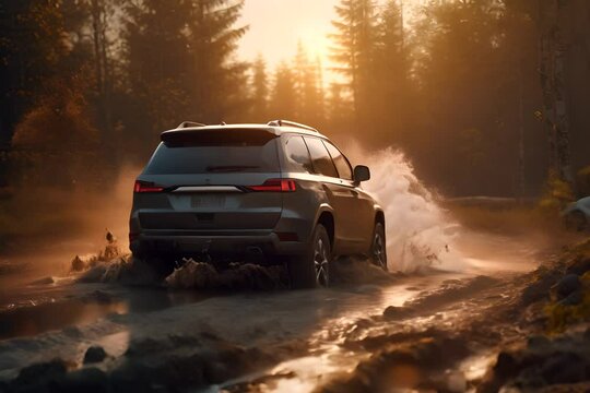 A black SUV car at speed driving into a puddle with mud on a woodland  road on sunset