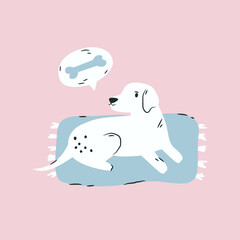 Hand drawn vector illustration of a cute Labrador dog lying on the carpet on pink background