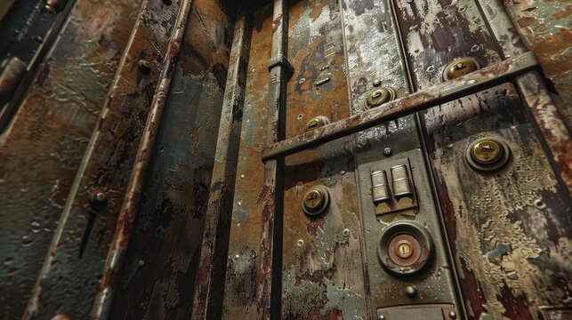 An aged elevator with buttons for activating and deactivating the lift taking passengers from the ground floor to the fourth floor