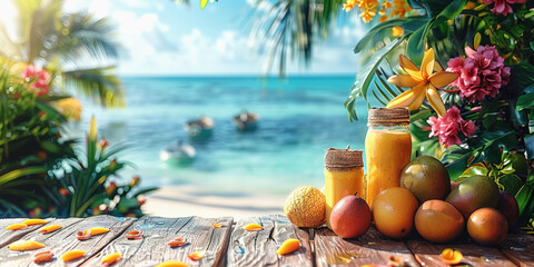 Refreshing tropical fruit setup with ocean backdrop ideal for travel and wellness concepts.