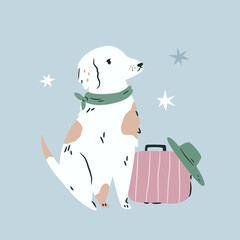 Vector illustration of a dog with suitcase, handbag. Vacation, journey vibe.