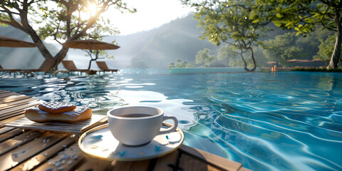 Breakfast on a tray by the ocean with an over sized coffee cup in the style of light gold and dark