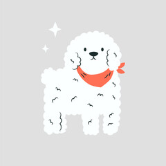 Vector hand drawn illustration of a happy white bichon frise with a red scarf, neckpiece. Pet friendly concept, design, graphic art, print