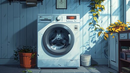 Energy conservation, A closeup of a washing machine set to a cold water cycle to save energy. Illustration image, Minimal Style, Clean and Clear Color,