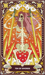 Ten of Swords A tarot card in bohemian tones in a modern style in the form of a skeleton. Modern map illustration, minimalistic cartoon skeleton, simple vector drawing