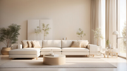 A creamy color living room with a large white sectional sofa, coffee table, rug, plants, and floor lamp.
