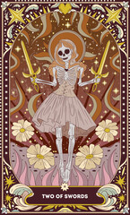 Two of Swords A tarot card in bohemian tones in a modern style in the form of a skeleton. Modern map illustration, minimalistic cartoon skeleton, simple vector drawing