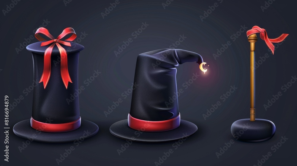 Poster modern realistic set of 3d high cap with red ribbon and wizard wand to use in a circus performance. 
