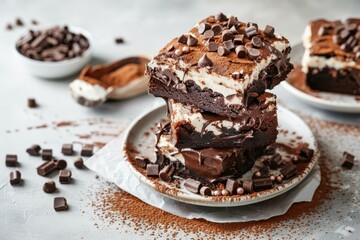 Stack of rich chocolate brownies layered with marshmallow and chocolate chips on a white plate