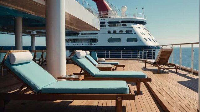 Empty sun loungers on the deck of a luxury cruise ship