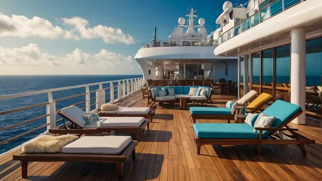 Empty sun loungers on the deck of a luxury cruise ship