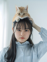 猫を頭に乗せたアジア人女性のファッションポートレート