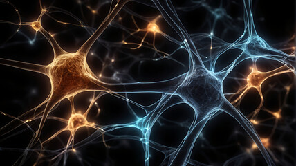 Abstract Glowing image of Neurons and synapse like structure depicting brain chemistry on a dark black background, abstract Brain cell concept
