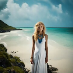 Describe the 22-year-old girl in the white frock and blue necklace, her golden hair catching the sunlight as she stands alone on the deserted island.