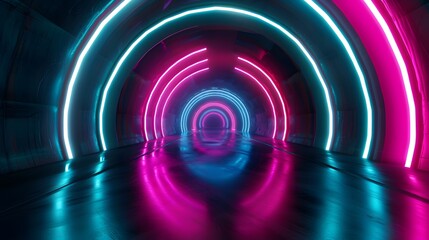 A neon tunnel with pink and blue lights. The tunnel is long and narrow. The lights are bright and colorful