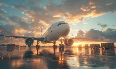 Sunset View of Airplane on Wet Tarmac