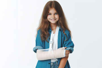 kid girl with a cast on her arm on a white background