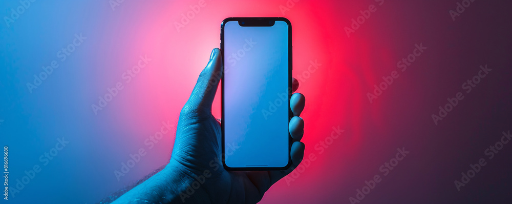 Poster in a futuristic setting, a hand holds a mobile phone displaying a streamlined online shopping experi