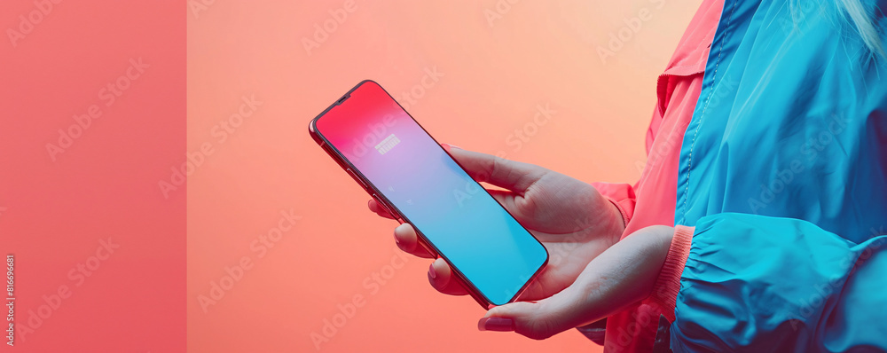 Poster In a futuristic setting, a hand holds a mobile phone displaying a streamlined online shopping experience, emphasizing digital payment functionality. The minimalist color background and generous copy
