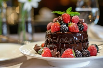 Luxurious chocolate cake topped with fresh strawberries and blackberries, garnished with mint