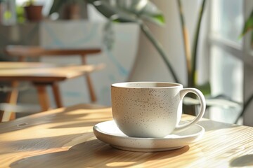 Fototapeta premium A coffee cup placed on a wooden table, perfect for coffee shop or kitchen themes