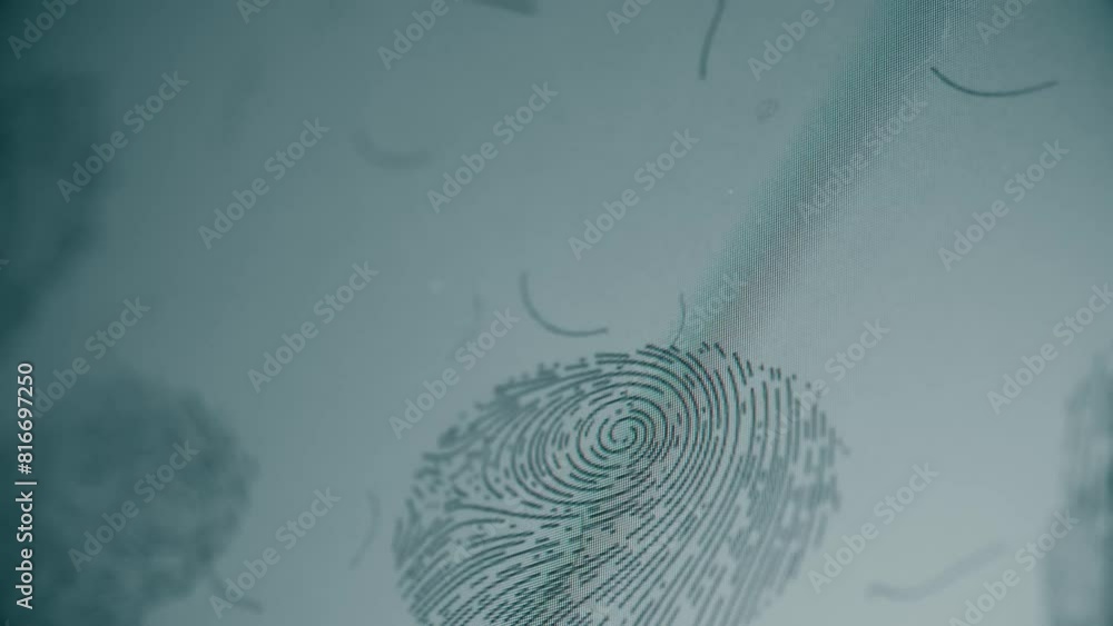 Poster many digital fingerprints on a computer screen. privacy, access control or criminal concepts