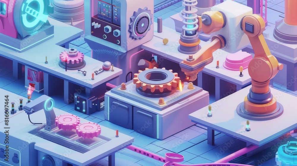 Poster engineer on robotics factory holding huge gear, creating electronics production on blueprint. smart 