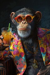 A monkey in a vibrant suit and sunglasses holding a drink. Perfect for party or tropical themed designs