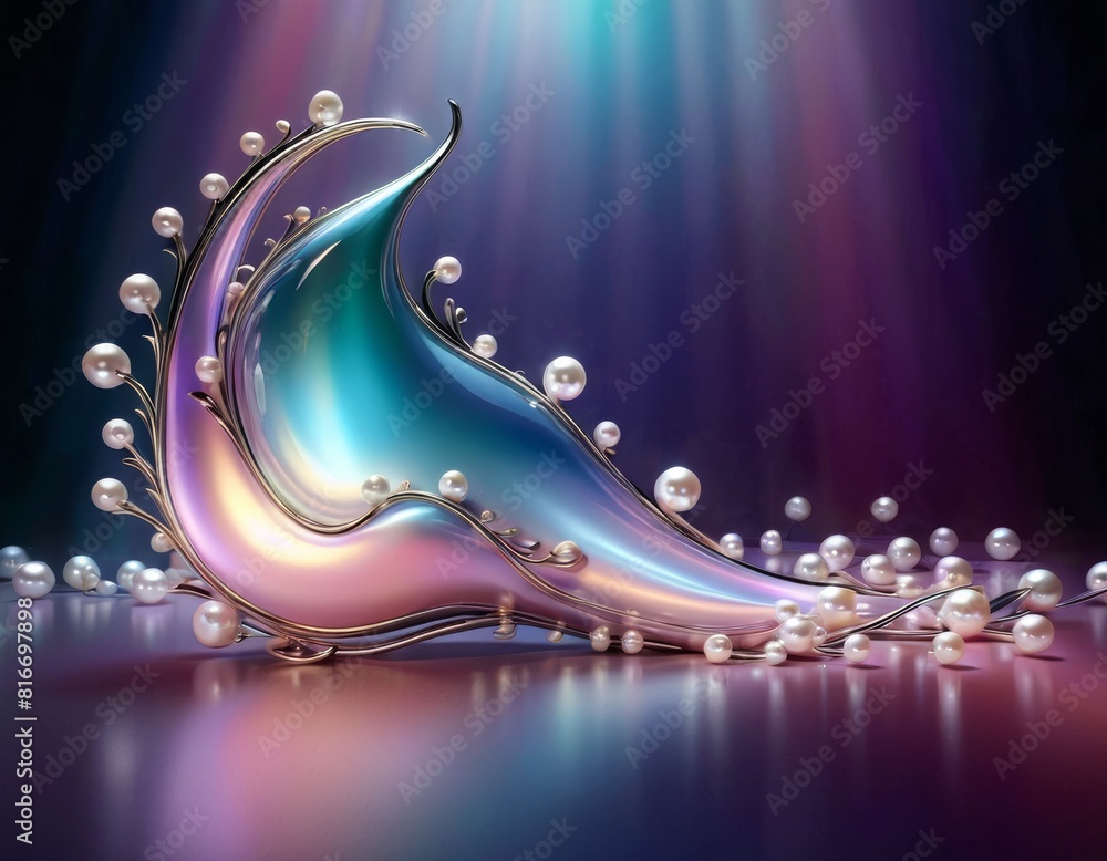 Poster a whimsical 3d rendered shoe embellished with pearls emerges with an iridescent glow against a mysti