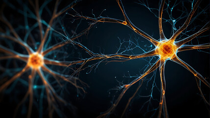 Obraz premium Abstract Glowing image of Neurons and synapse like structure depicting brain chemistry on a dark black background, abstract Brain cell concept 