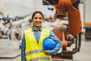 Female latin american Engineer Holding Hard Hat in Factory
