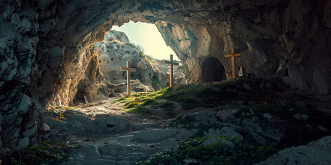sacred tomb with crosses in ancient cave Empty Tomb Glory Resurrection Scene cross in an isolated cave, with sunlight coming through the crack.

