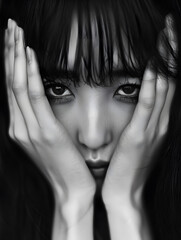 手で顔を覆うアジア人女性のモノクロームポートレート