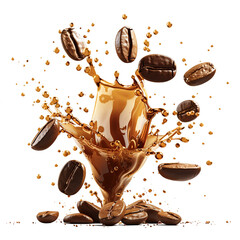 Coffee beans with dark coffee liquid splash. Concept for coffee product advertising. Isolated on transparent background